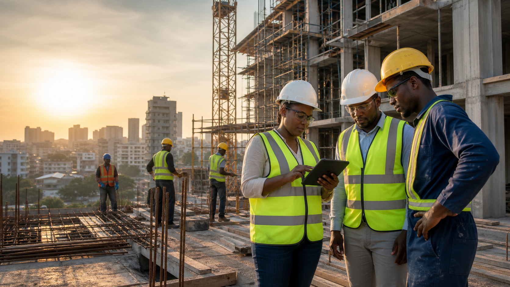 A construction project team coordinating work on site